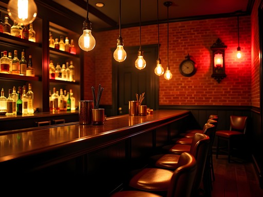 Intimate speakeasy bar interior with exposed brick walls and mahogany bar in Warren Michigan