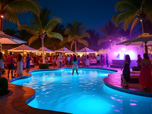 Exclusive beach club in Nassau's West End with DJ booth and dancing crowd