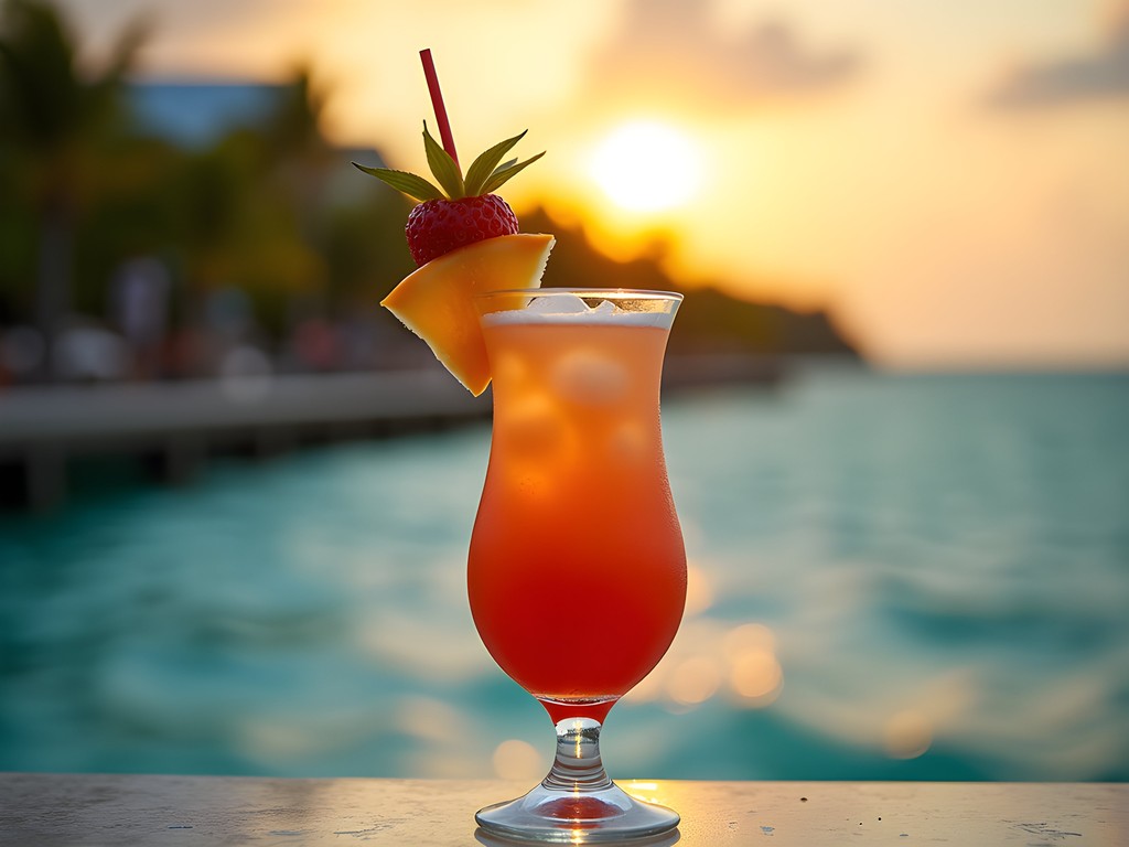 Colorful sunset cocktails with Nassau's West End coastline in background