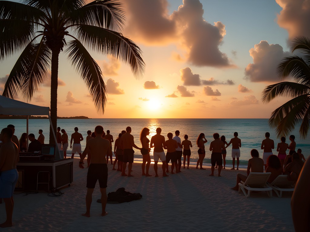 Sunrise beach party in Nassau's West End with silhouettes of dancers and DJ booth
