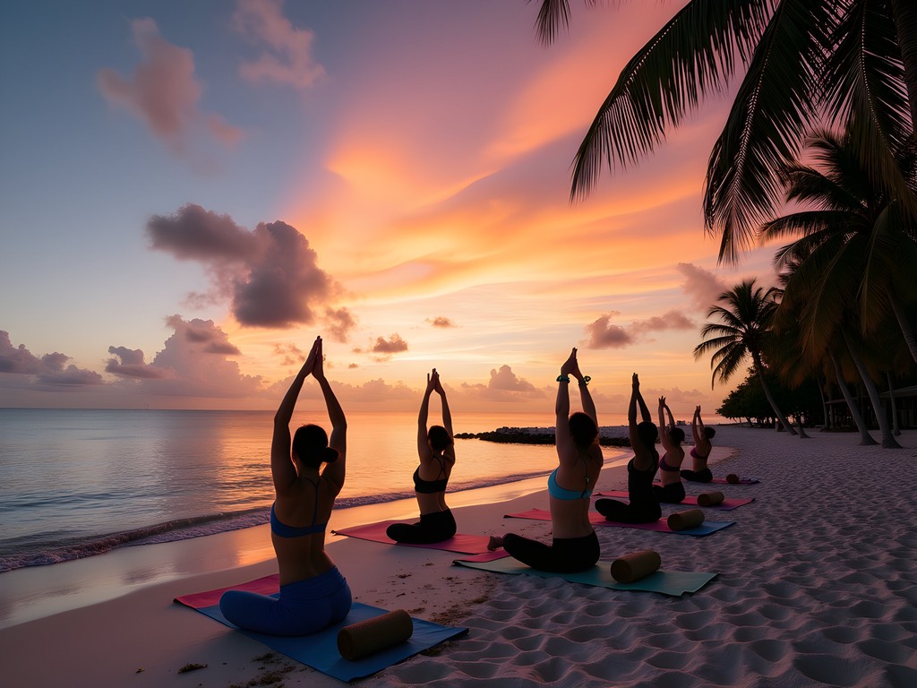 Morning yoga session on West End beach at sunrise with participants in silhouette