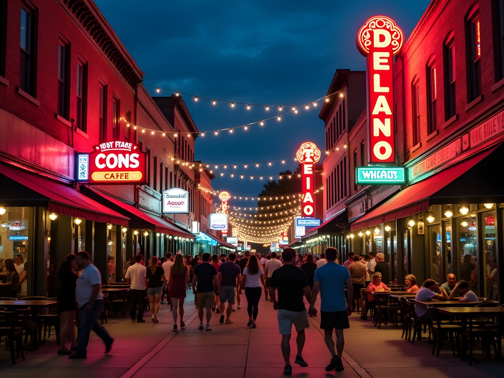 Eclectic nightlife scene in Wichita's Delano District with colorful storefronts