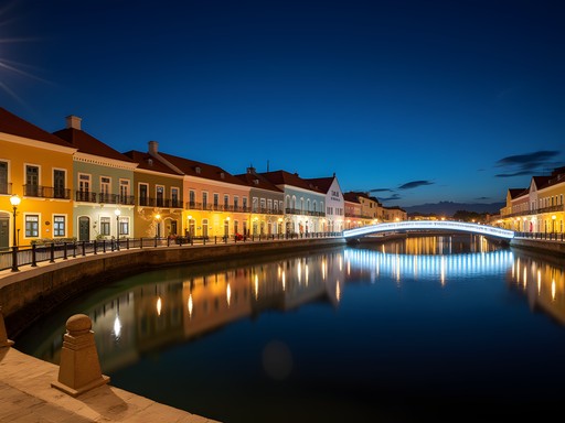 Illuminated colorful buildings of Handelskade along Willemstad harbor at night