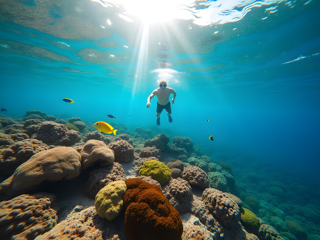 Snorkeling over vibrant coral formations along Fiji's Coral Coast