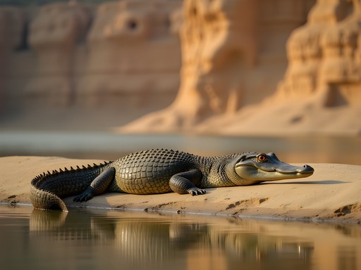 Gharial crocodile basking on sandbank in Chambal River near Agra India