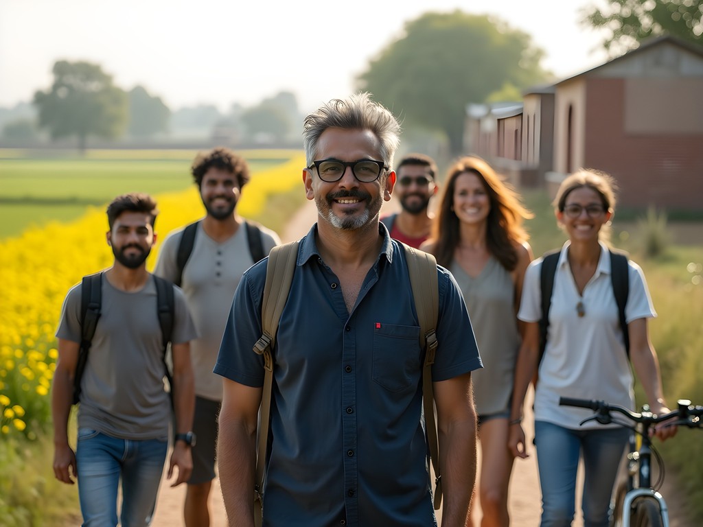 Group of travelers on outdoor adventure in Agra countryside India