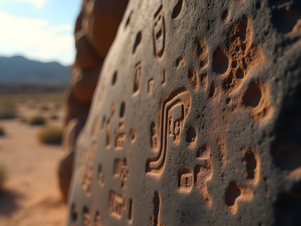 Ancient petroglyphs carved in dark volcanic rock at Three Rivers site near Alamogordo