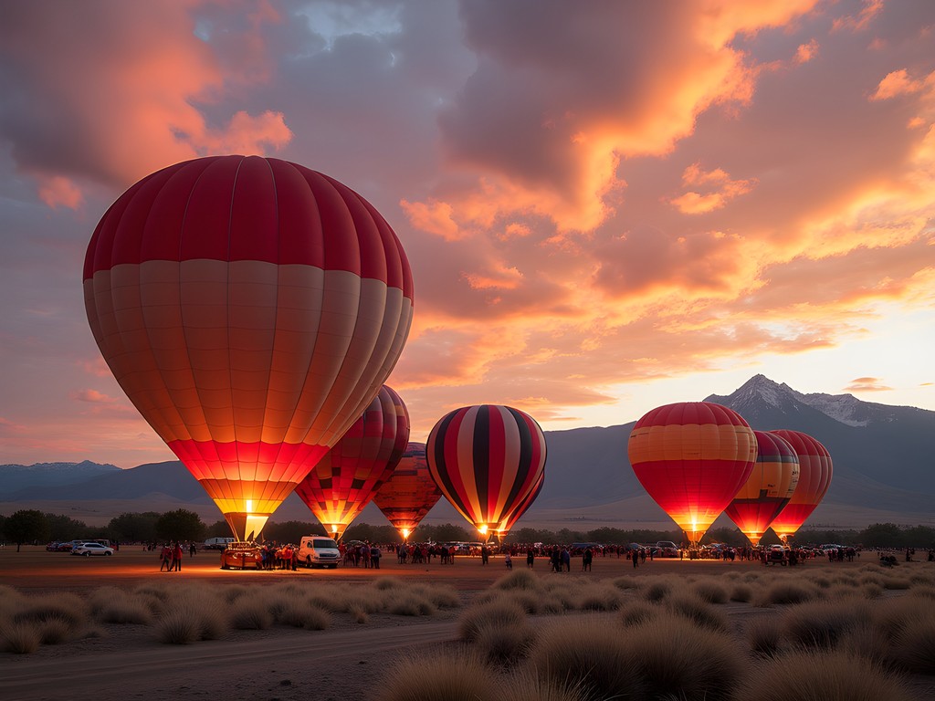 Colorful hot air balloons inflating at dawn with Sandia Mountains in background