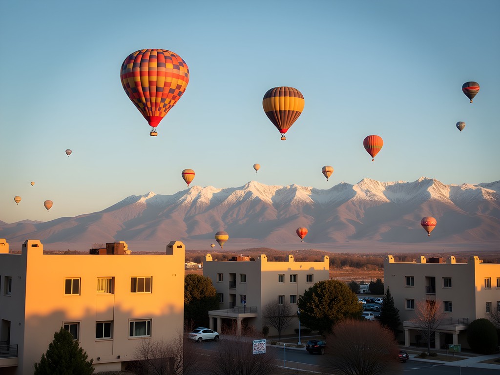 View of hot air balloons floating over Albuquerque with Sandia Mountains backdrop