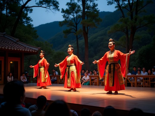 Traditional Tsou cultural performance at Alishan Cultural Center with forest backdrop
