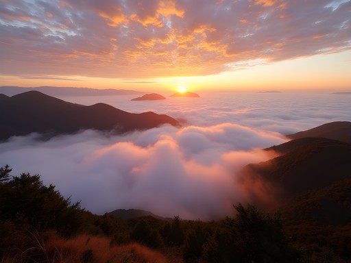 Spectacular sunrise over sea of clouds from Zhushan viewing platform in Alishan