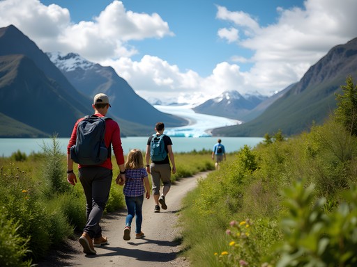Family hiking on Exit Glacier trail in Kenai Fjords National Park