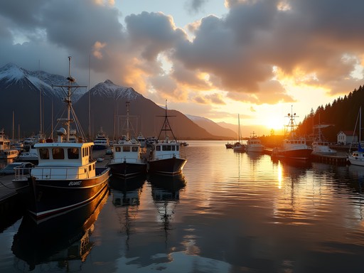 Seward harbor at sunset with boats and mountains