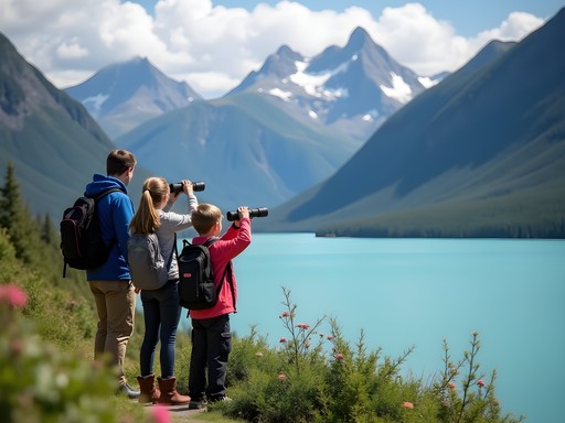 Family wildlife viewing at Turnagain Arm with mountains in background