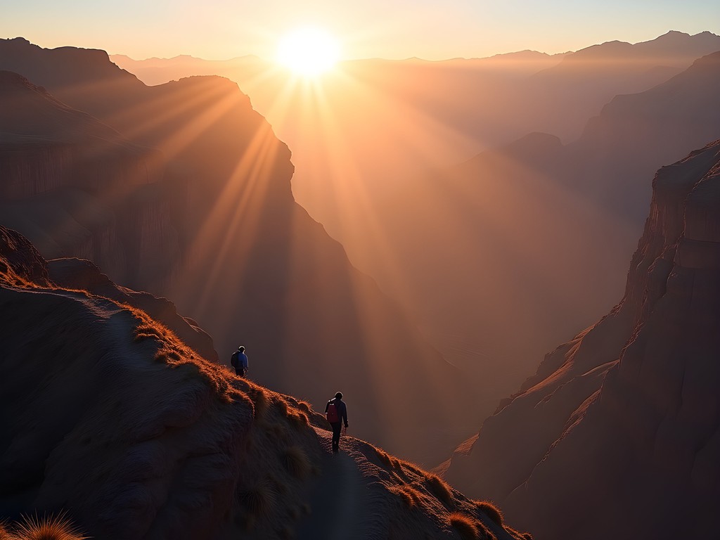 Hikers ascending Colca Canyon switchbacks at sunrise with dramatic lighting on canyon walls