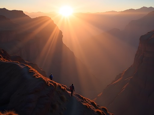 Hikers ascending Colca Canyon switchbacks at sunrise with dramatic lighting on canyon walls
