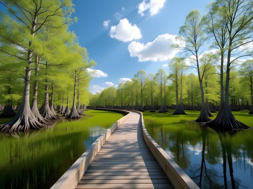 Elevated wooden boardwalk through Phinizy Swamp Nature Park wetlands with spring vegetation