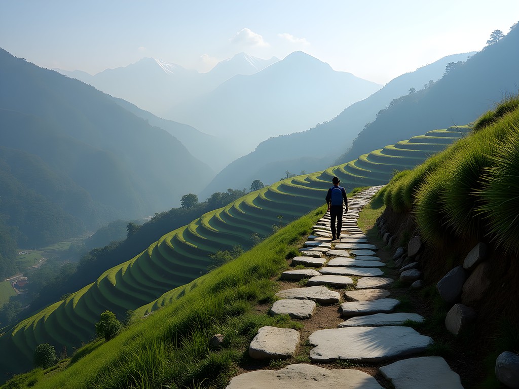 Solo female hiker on stone trail with Himalayan mountain range in background near Bandipur Nepal