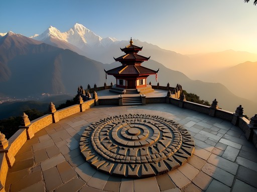 Sunrise view from Thani Mai Temple showing Himalayan mountain range and stone mandala courtyard