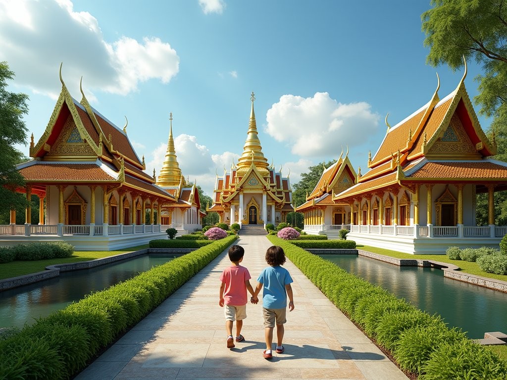 Family exploring ornate temple replicas at Ancient City open-air museum near Bangkok
