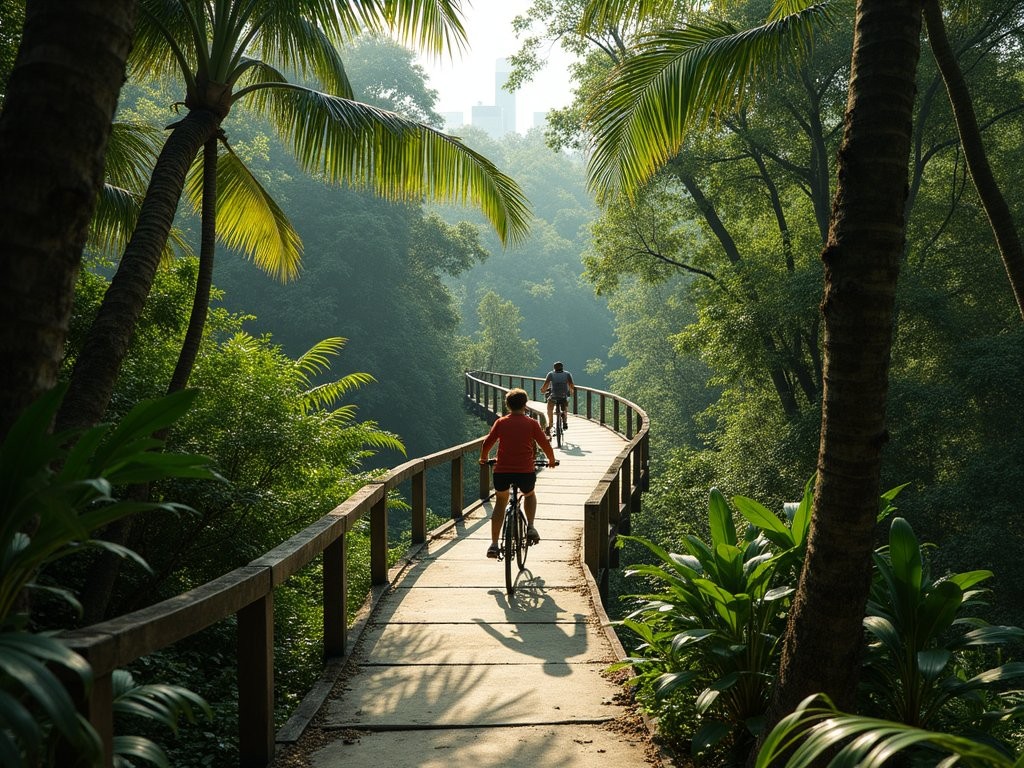 Family cycling on elevated concrete paths through lush greenery in Bang Krachao Bangkok