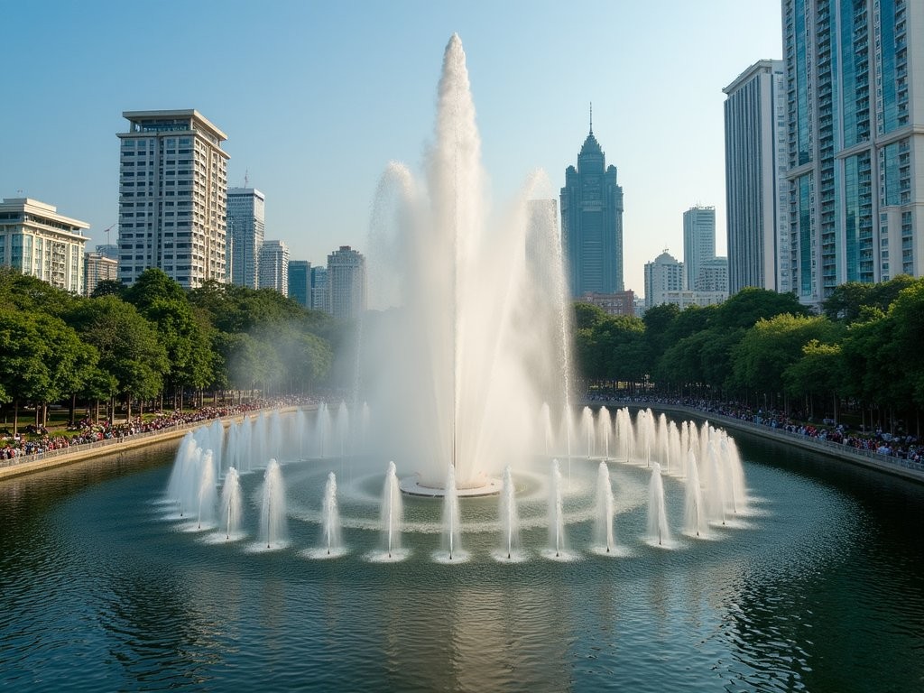 Dancing fountain show at Benchasiri Park with modern Bangkok skyscrapers in background
