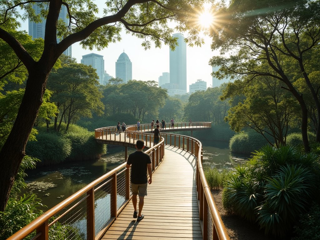 Elevated wooden walkways through lush forest canopy at Benjakitti Forest Park Bangkok