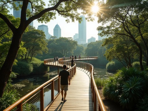 Elevated wooden walkways through lush forest canopy at Benjakitti Forest Park Bangkok