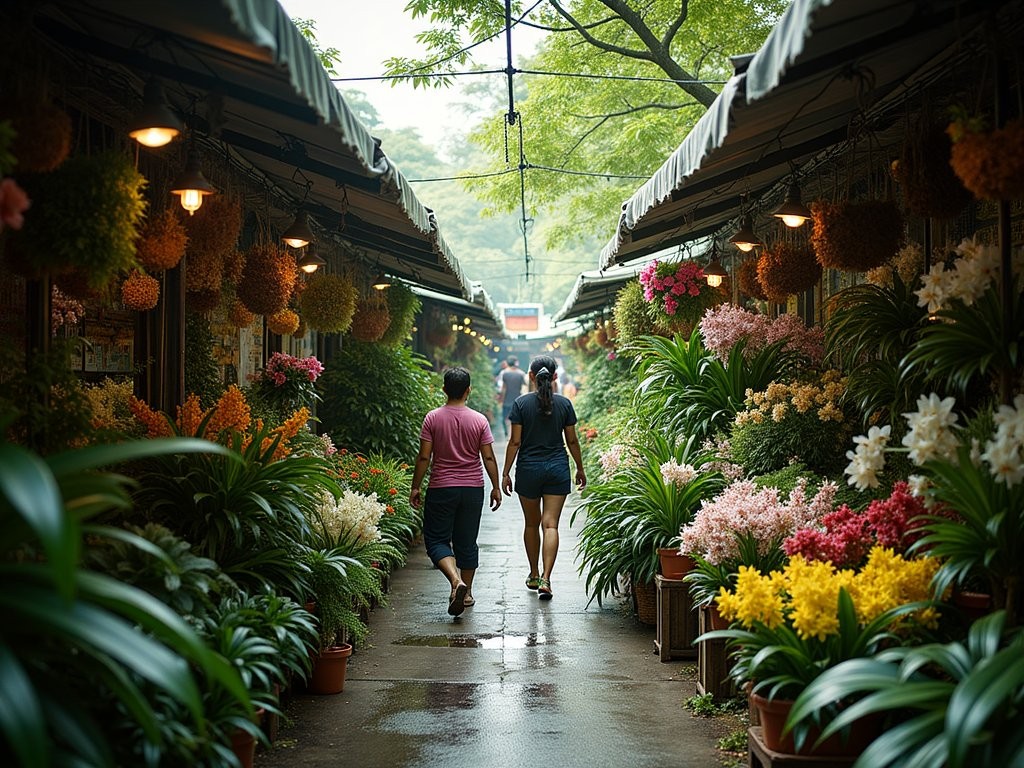 Lush plant section at Chatuchak Weekend Market Bangkok with tropical flowers and ornamental plants