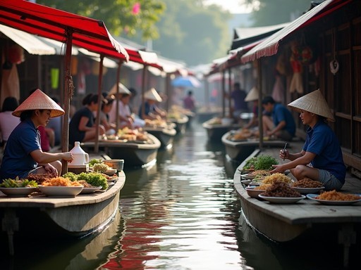 Food vendors in traditional boats selling authentic Thai dishes at Khlong Lat Mayom Floating Market Bangkok