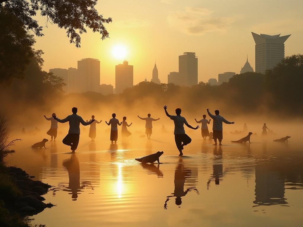 Early morning tai chi practitioners in Lumphini Park Bangkok with lake and city skyline