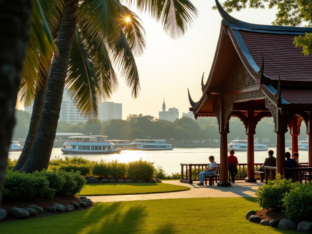 Peaceful riverside garden at Princess Mother Memorial Park with traditional Thai pavilion and Chao Phraya River view