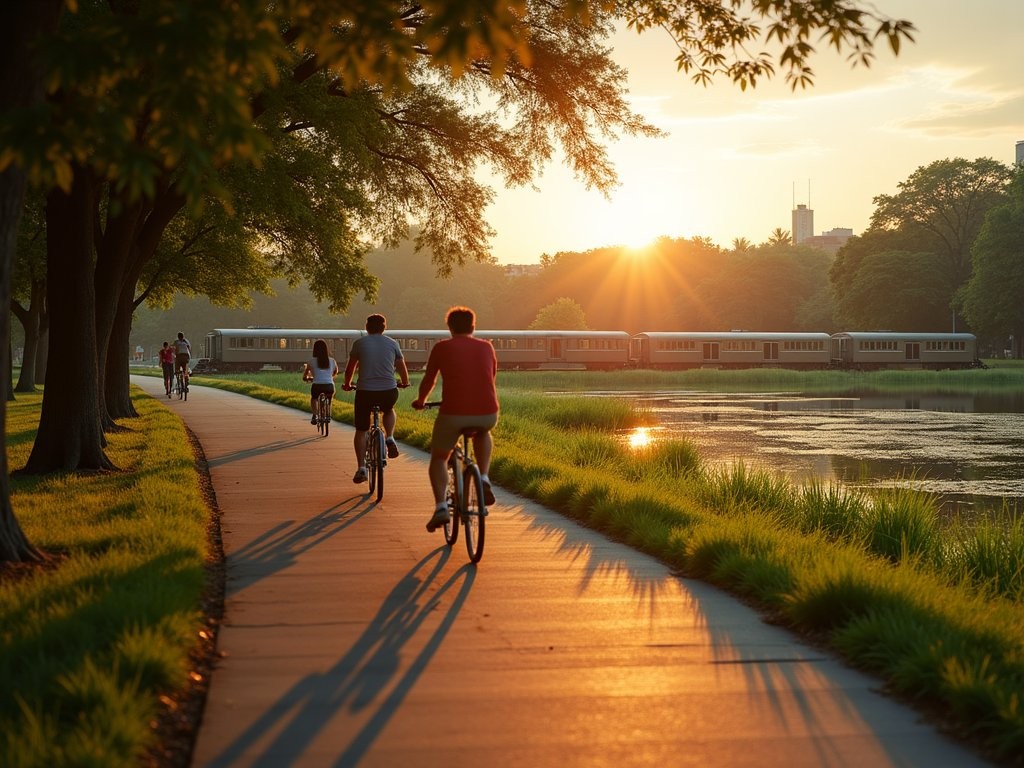 Family cycling on dedicated paths at Rod Fai Park Bangkok during golden sunset hour