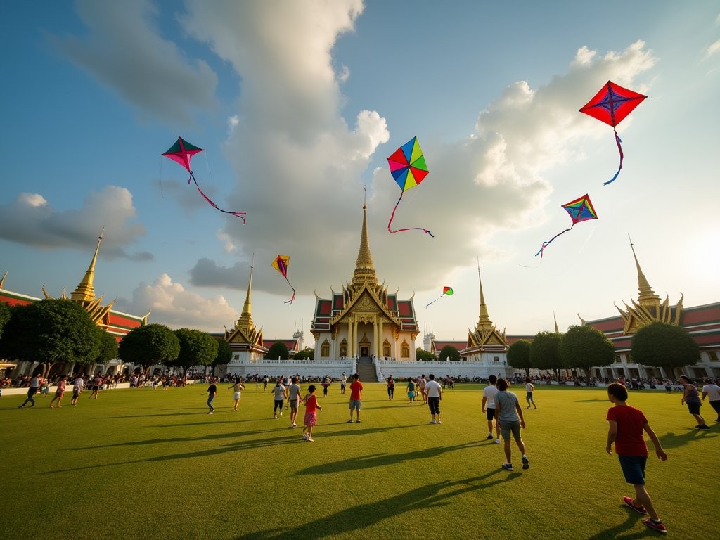 Families flying traditional Thai kites at Sanam Luang with Grand Palace spires in background