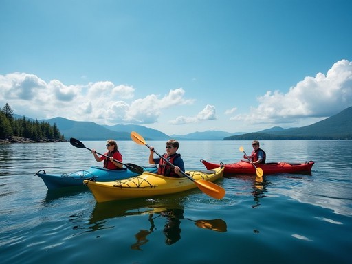 Family sea kayaking in Frenchman Bay with distant views of Acadia mountains
