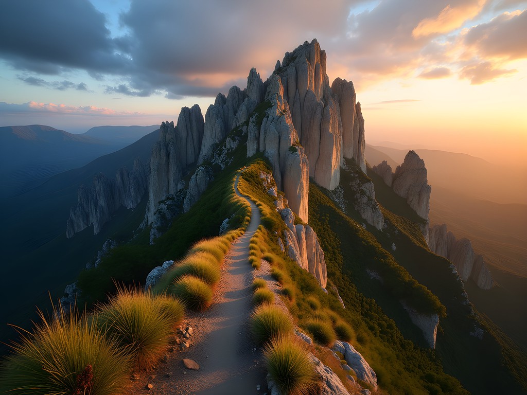 Sunrise illuminating the serrated peaks of Montserrat with hiking trail in foreground