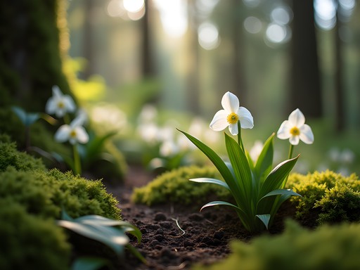 White trillium flowers blooming along forest floor in Lowami Hart Woods