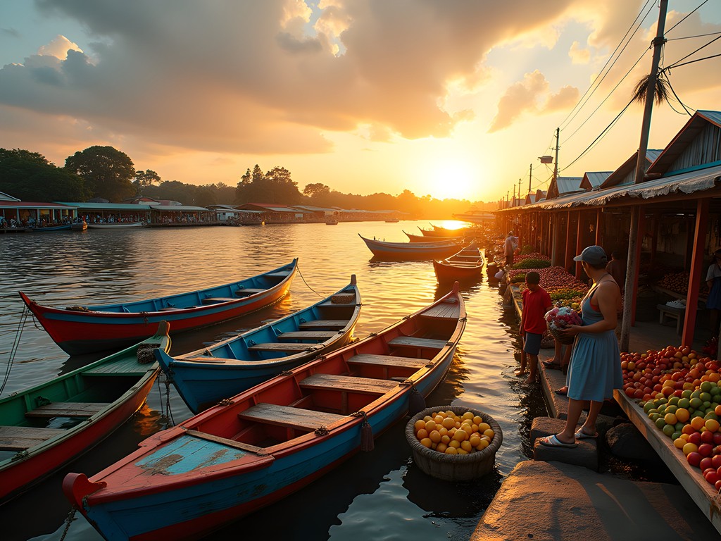 Sunrise at Ver-o-Peso Market in Belém with colorful boats and vendors