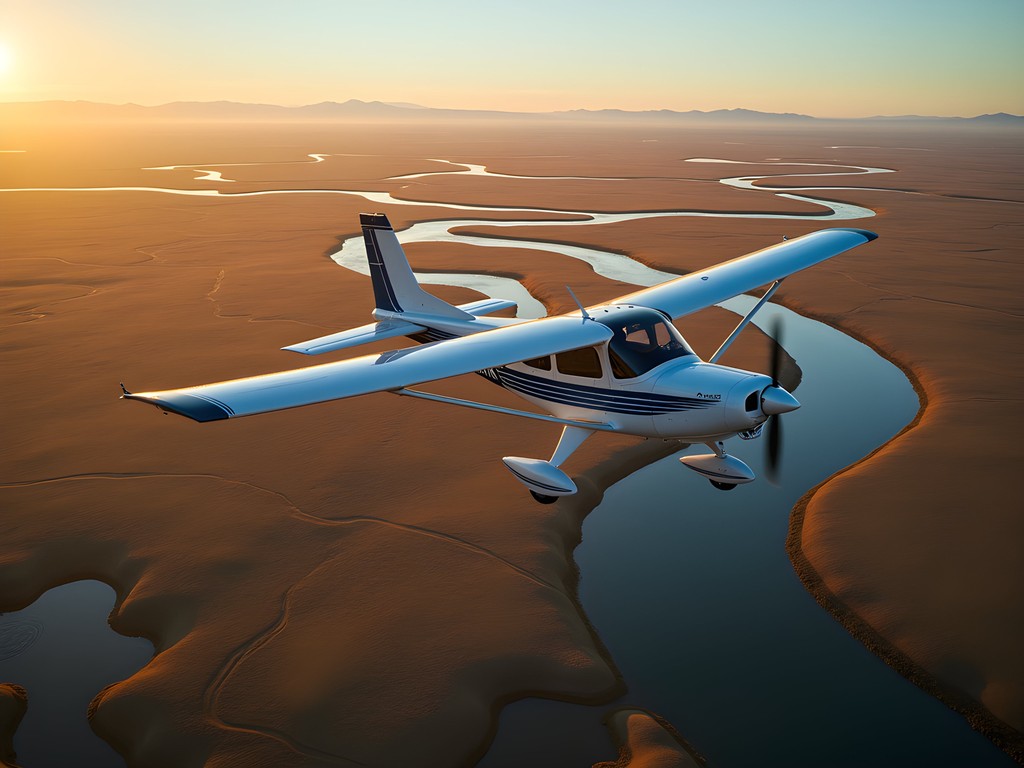 Bush plane flying over braided river systems in Yukon Delta National Wildlife Refuge near Bethel, Alaska