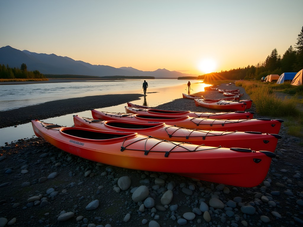Expedition kayaks beached on a gravel bar at sunset along the Kuskokwim River with camping setup
