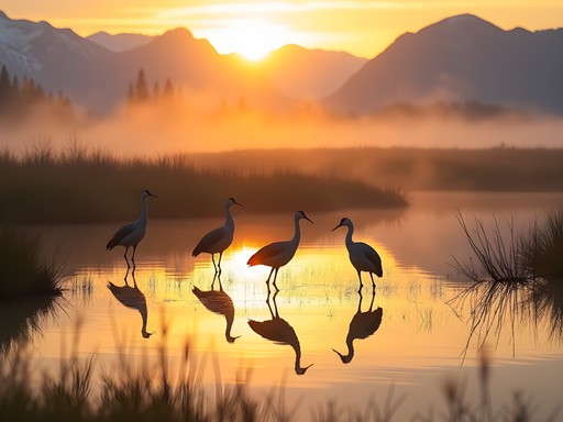 Professional wildlife photography setup with telephoto lens capturing sandhill cranes in the Yukon Delta wetlands