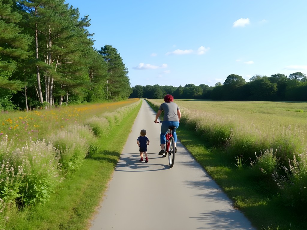 Family cycling on Block Island greenway trail through preserved meadows