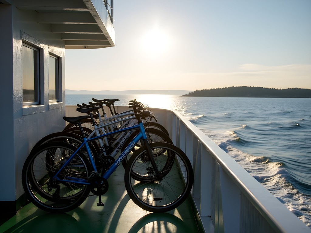 Bicycles lined up on Block Island Ferry with ocean view
