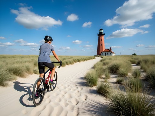 Cyclist approaching North Lighthouse on Block Island with wildlife refuge in background