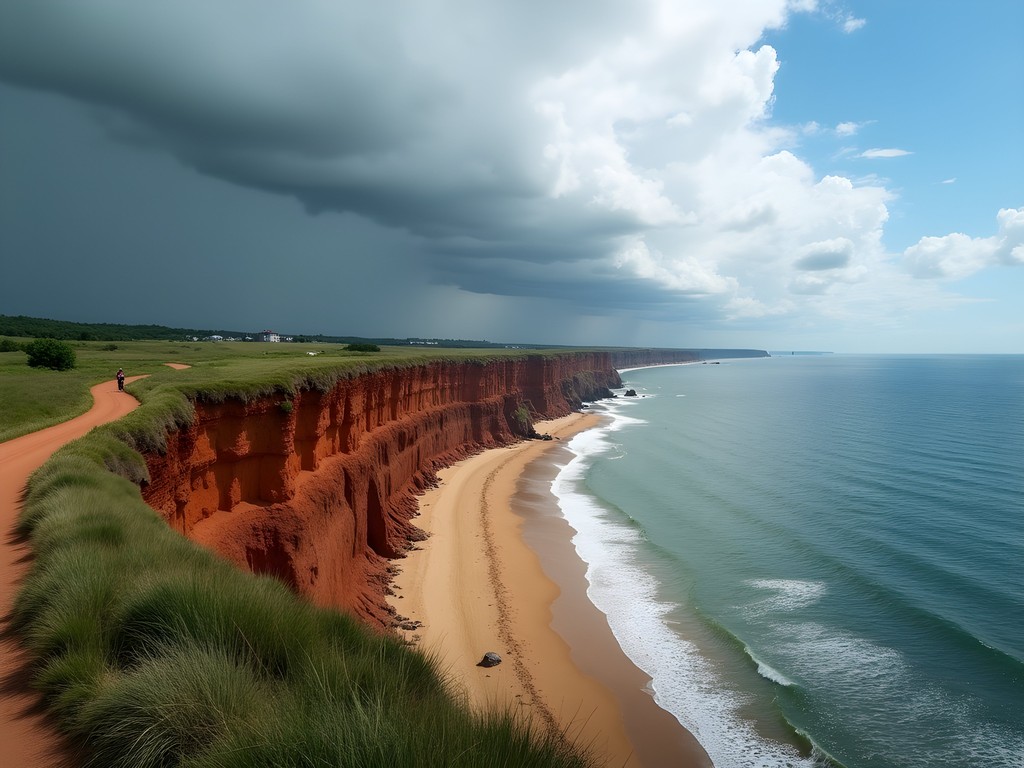 Cyclist overlooking dramatic Mohegan Bluffs on Block Island