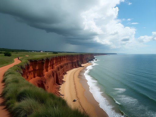 Cyclist overlooking dramatic Mohegan Bluffs on Block Island
