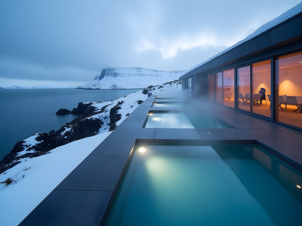 GeoSea's infinity edge geothermal seawater pools overlooking Arctic Ocean in winter twilight