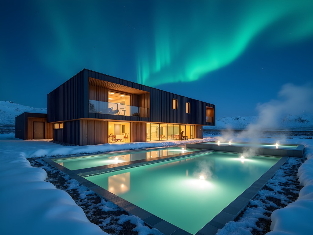 Krauma geothermal baths illuminated at night with steam rising against Northern Lights