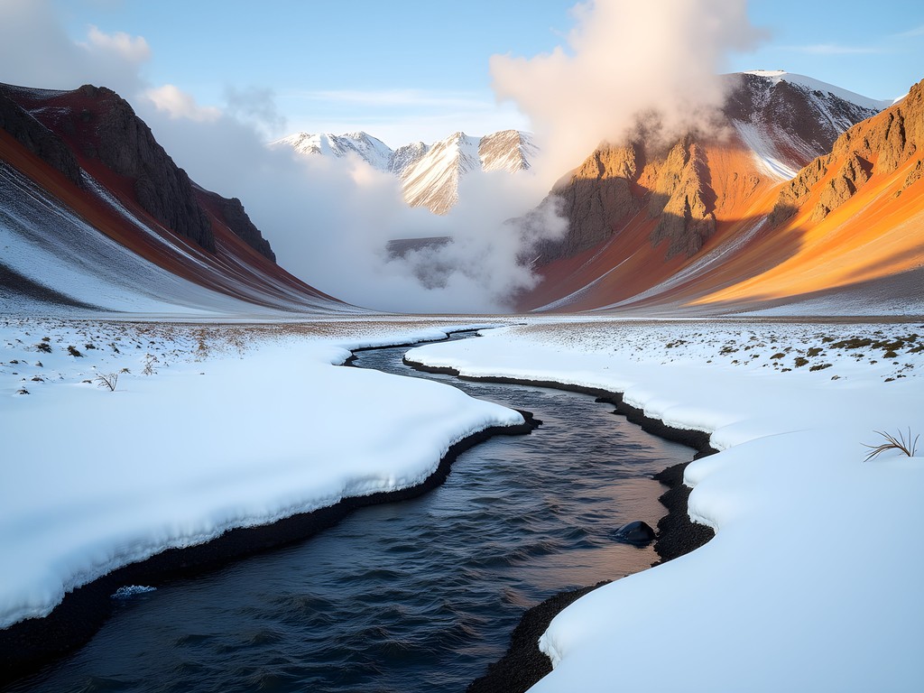 Steaming geothermal river in Landmannalaugar's colorful rhyolite mountains covered in winter snow