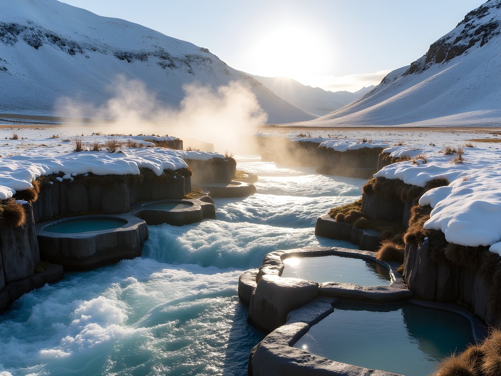 Steaming Reykjadalur hot spring river flowing through snow-covered valley